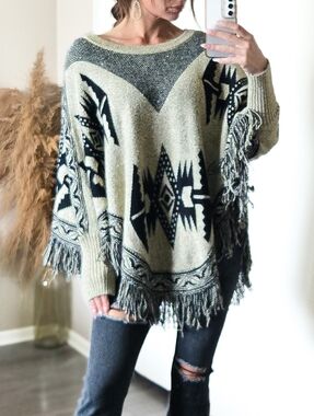 Western Aztec Fringe Poncho Sweater Boho Oversized Knit One Size Festival Spring
